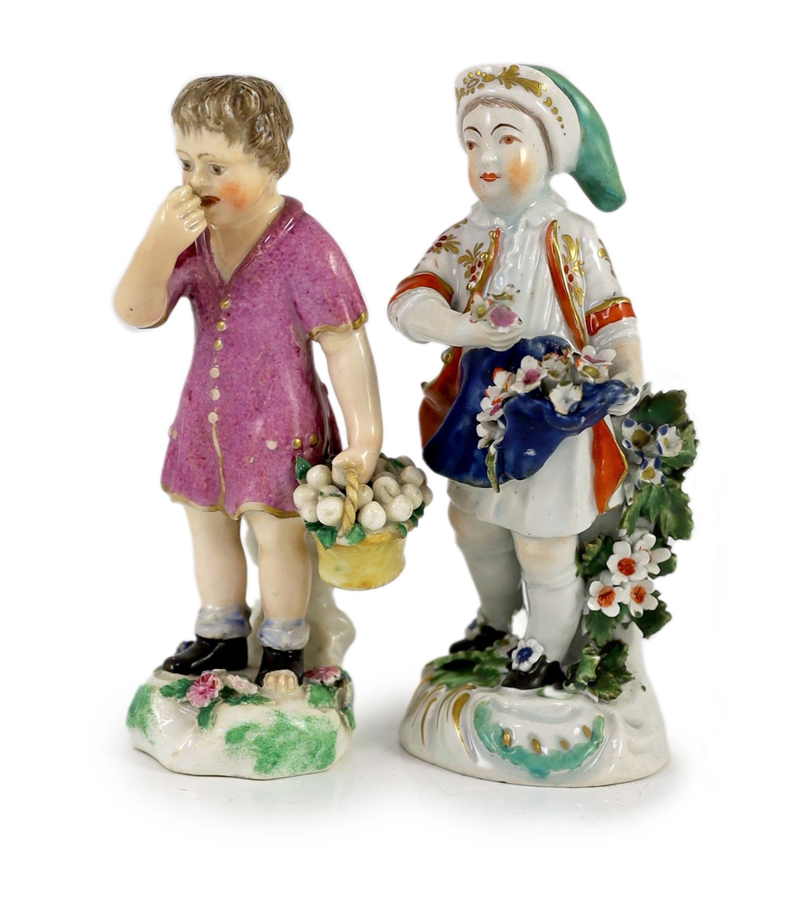 A Rockingham porcelain figure of a beggar boy, c.1830 and a Bow porcelain figure of a boy holding flowers, c.1765, 12.4 and 12.7cm high